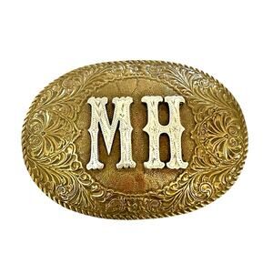Vintage Crumrine Belt Buckle Bronze Brass Silverplate Letter M H Ornate Scroll